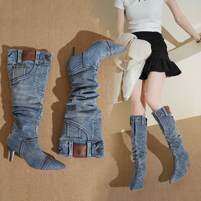American Style Wasteland Boots for Women 2025 Hot Girl Cowboy Boots Thin Heel Pointed Toe Slouch Boots Wide Tube Long Boots Q260922