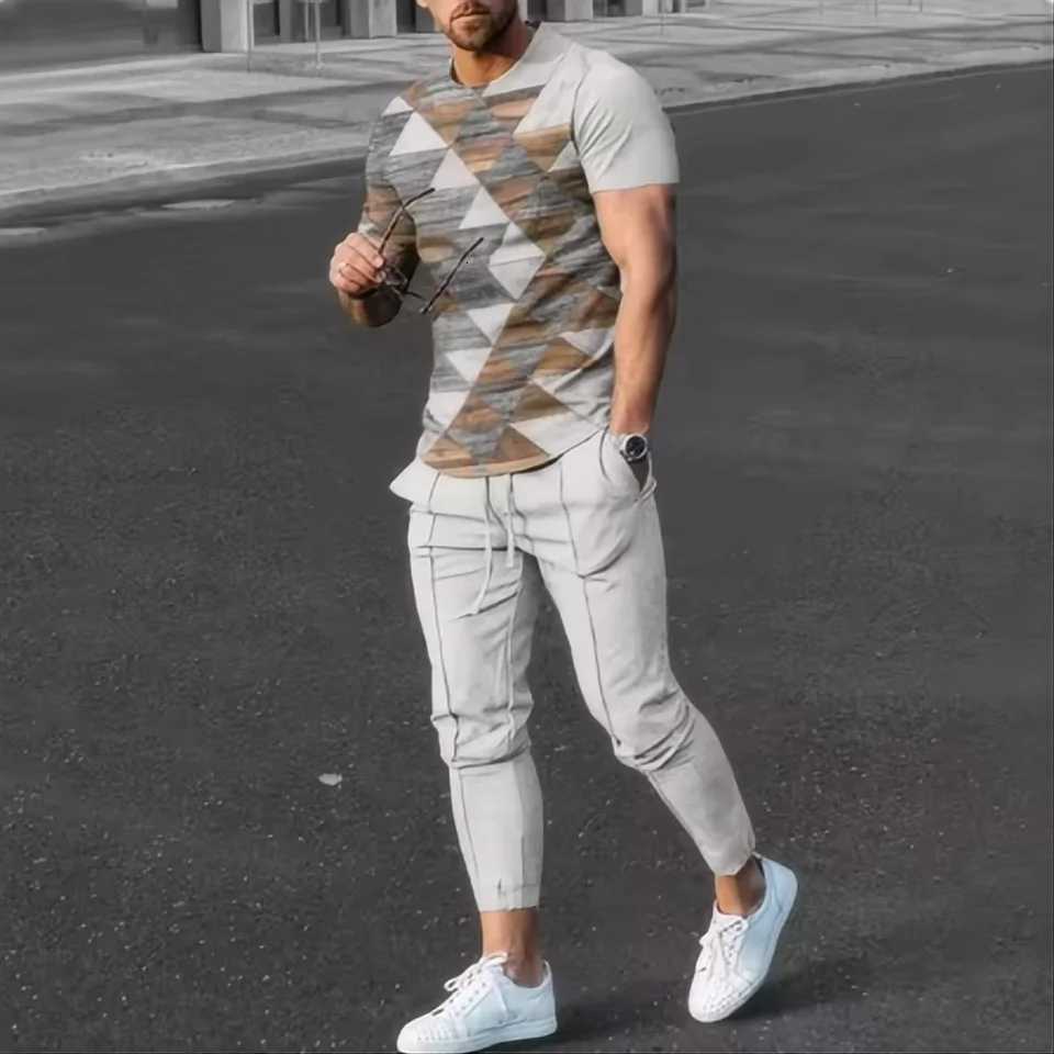 Tracksuits Summer new Men's men's T-shirt pants sportswear geometric 3D printed T-shirt pants set 2-piece street wear oversized suit sport