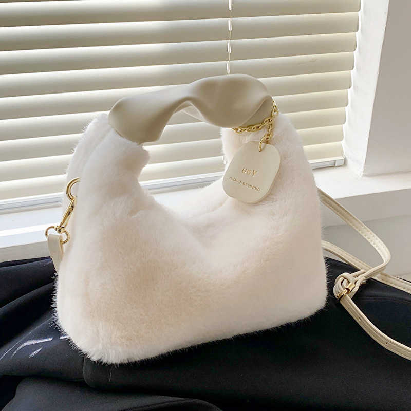 Body Women Faux Fur Cross Plush Handbags Ruched Handle Small Lady Shoulder Crossbody Bag Casual Half-Moon Hobos Winter Bags for Women H260922