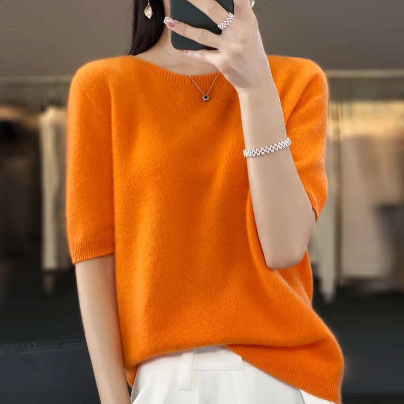 100% Merino Wool Womens O Neck Knitted TShirt Korean Pullover Short Sleeve Sweater Womens Basic Solid Color Half Sleeve Women 260921