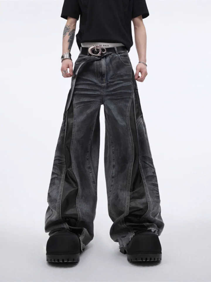 Cyber 2025 Y2K Strtwear Black Pu Leather Patchwork Baggy Flare Pants Men Clothing Washed Black Wide Leg Denim Trousers S2609228PPU