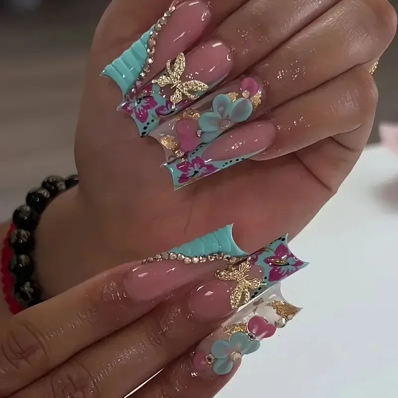 24Pcs Brown Long Coffin False Nails Glitter Ballet Wearable with French Fake nails Full Press on Nail Ins Nail Tips Art 260922
