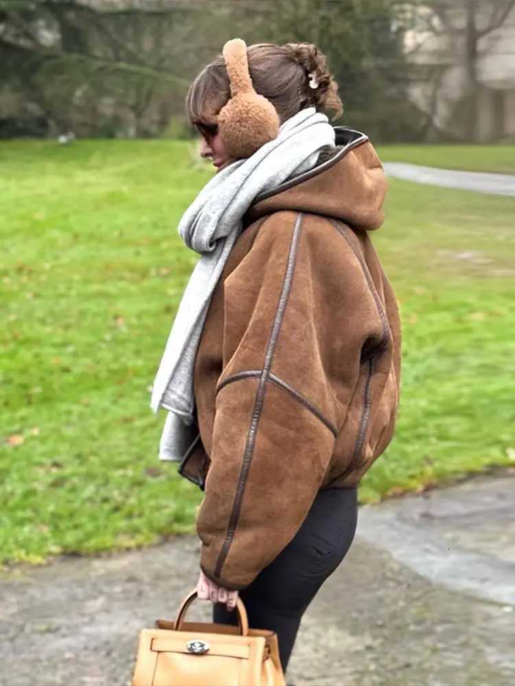 Women's Jackets Hooded Patchwork Leather Jacket Woman Solid Color Long Sleeves Loose Single Breasted Coat Casual Street Women's New Warm J