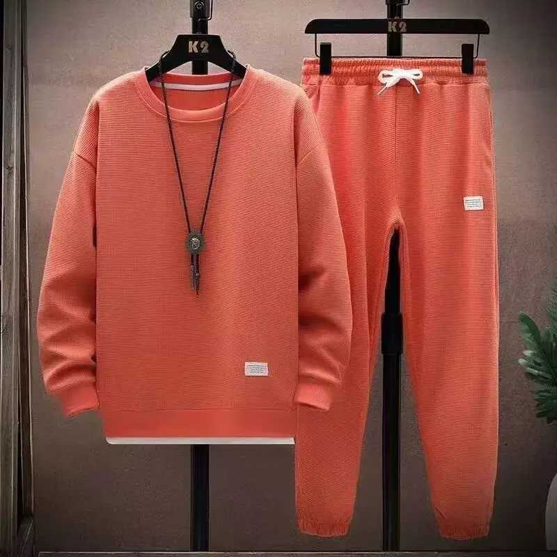 Men's 2026 Men's Tracksuits Waffle Casual Suit O-neck Long Sleeve T-Shirt Sweatpants 2026 New Autumn Trend Tracksuit Fashion Sports Two Pi