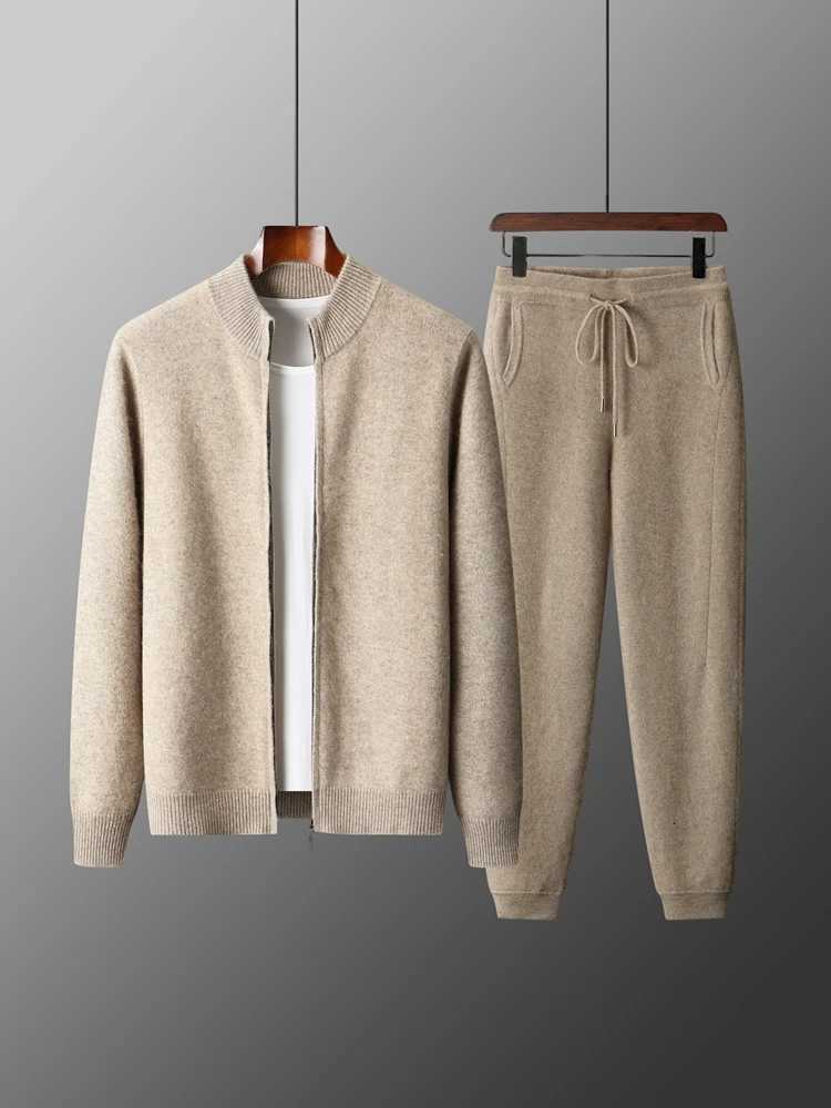 Merino Men's Tracksuits 100% Wool Two-piece Suit for Men Autumn Winter Knitting Zipper Cardigan and Slim-fit Pants Warm Thickened Clothing Sets