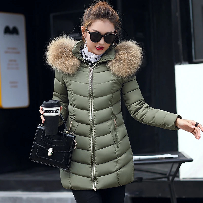 Winter Korean Cotton Jacket Hooded Big Fur Collar Mediu Long Womens Down Thick Warm Slim Fit Parka Coats 260922