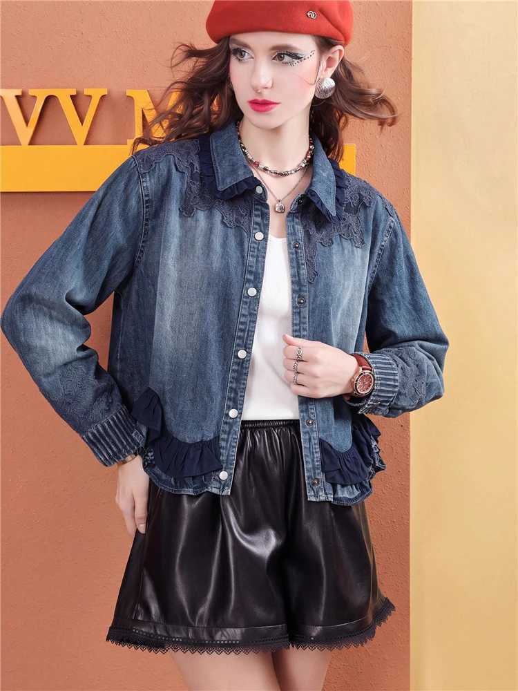 Women's Jackets Women Vintage Embroidered Denim Jacket Short Loose Fit Jean Coat Ruffle Hem Washed Blue Casual Outerwear Fashion Jacket C260921