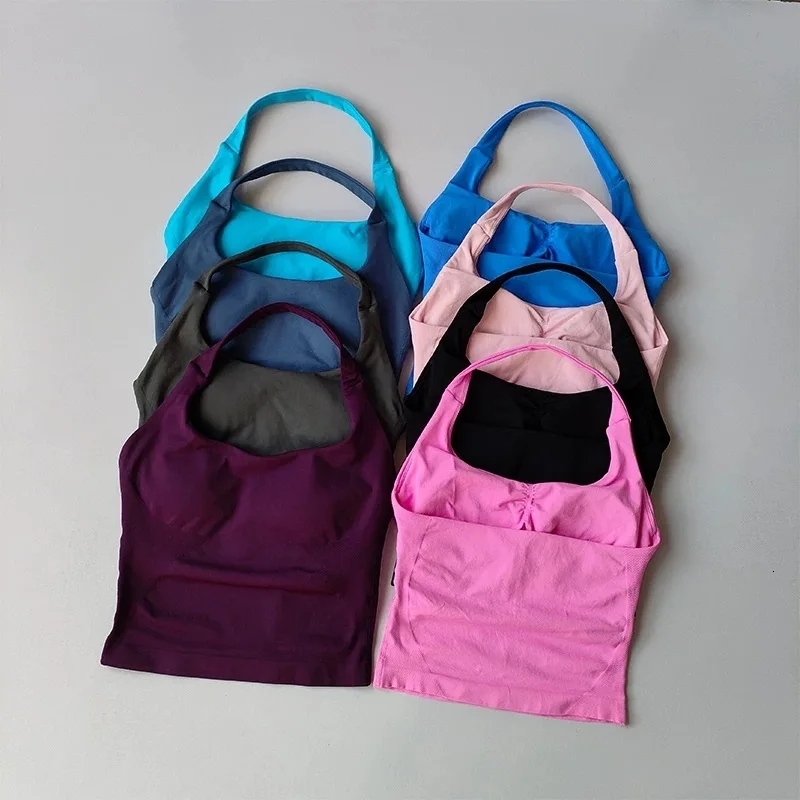 Canotte da yoga senza cuciture con scollo all'americana per donna Reggiseno incorporato imbottito da palestra Top senza maniche camicia aderente sen