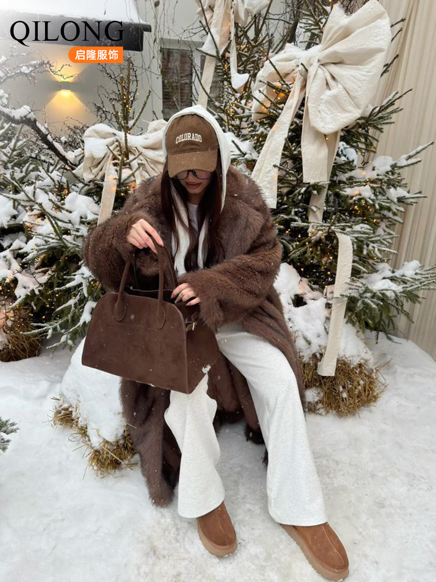 Autumn And Winter Dark Brown Faux With A Large Collar, Women's Over-The-Knee Long Plush Coat, Vintage Fox Fur Coat