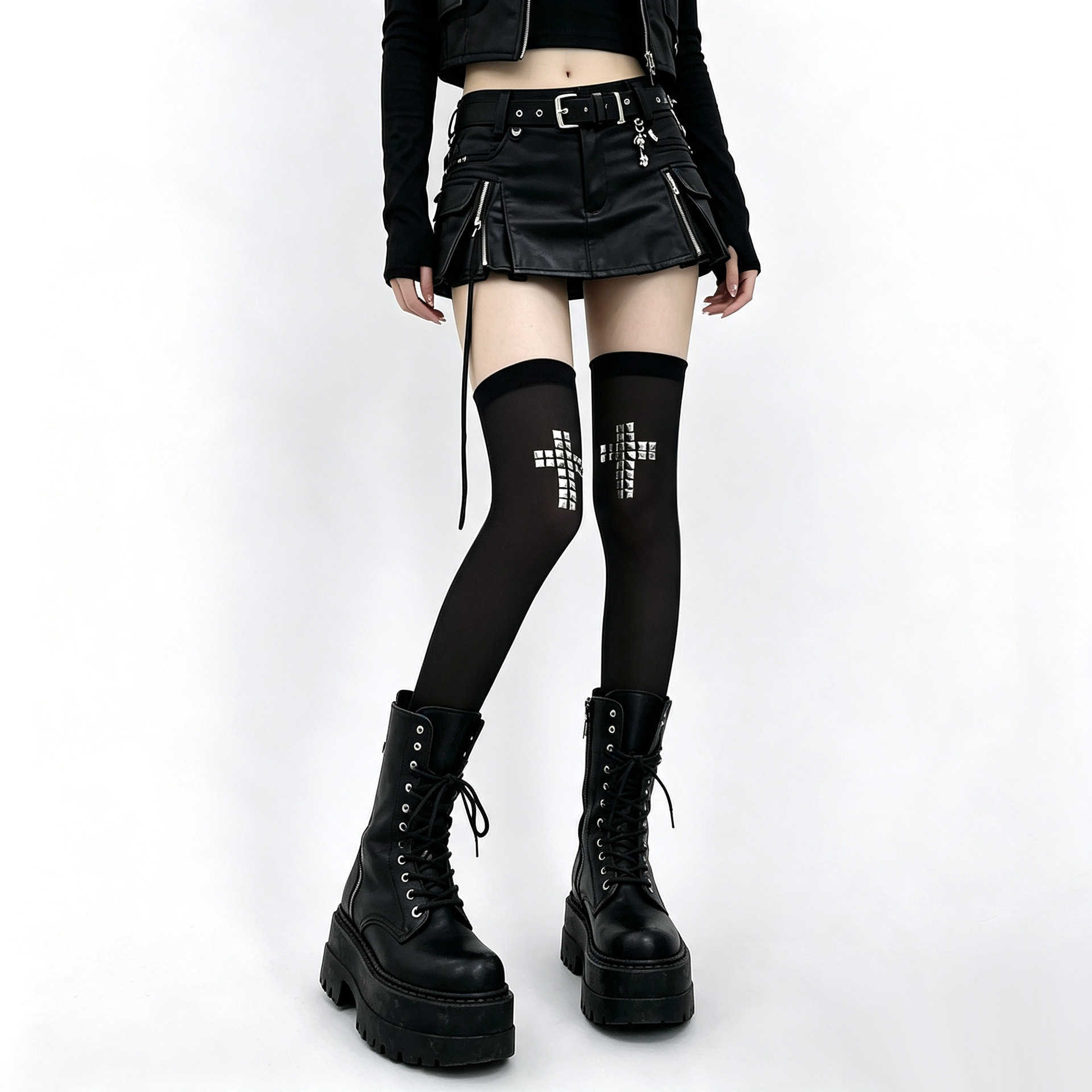 Plus-size Y2K subculture over-the-knee socks American metal punk style with cross and rhinestone embellishments street-style JK socks T260922