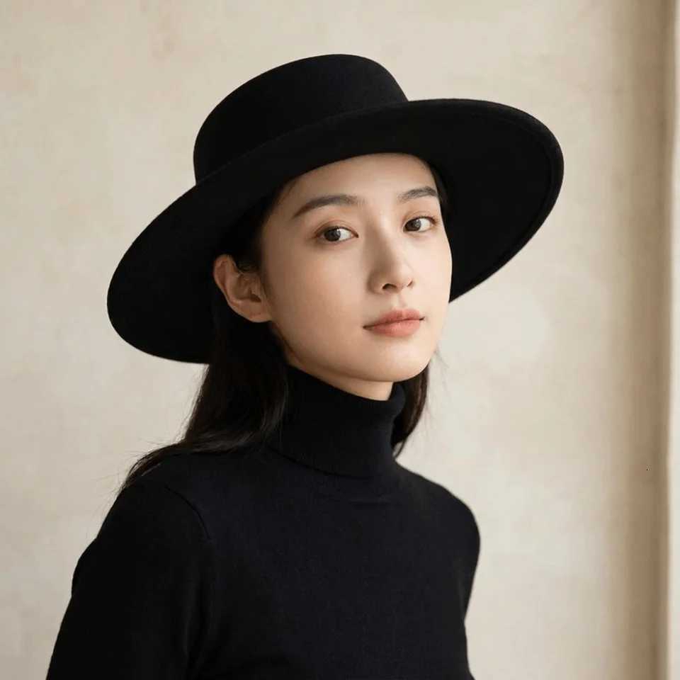 Brim Hats Bucket Hats Wide Elegant Solid Color Hepburn Style Bucket Hat Woolen Flat Top Wide Brim Felt Hat Fedora Hat British Style Women Jazz Hat B