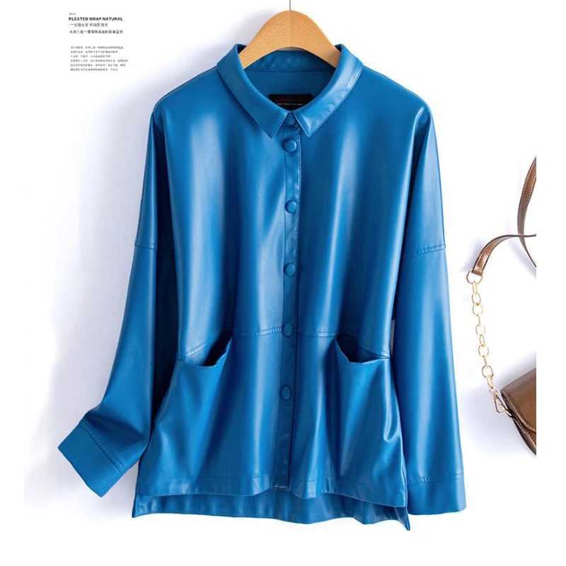 Leather Faux Women's Leather Sheepskin Leather Jacket Women Short Covered Button Pockets Coats Chic Office Ladies Split Sheep Leather Korean Lo