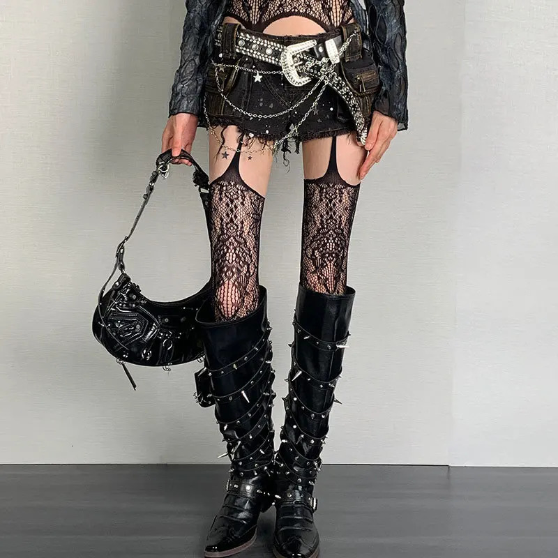 Print Brown Fishnet Stockings Women Sexy Coffee Hollow Out Thigh High Socks Gothic Lolita Japanese Over The Knee Long Socks 260922