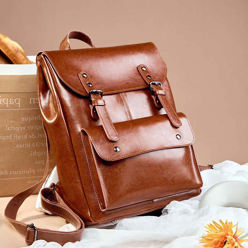 Genuine Backpack Style Leather Women Backpack Durable Cowhide Laptop Bag 14 Inch Multiple Pocket British Vintage College Style Unisex Rucksack H2609