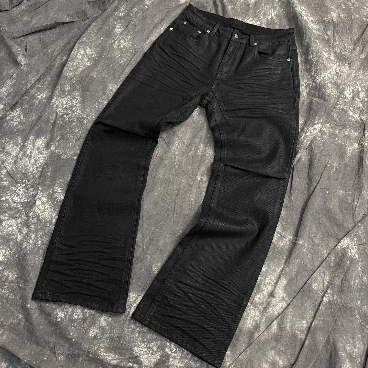 Coated micro-flare jeans American retro heavy industry high street men's and women's black gothic retro casual loose jeans 260921