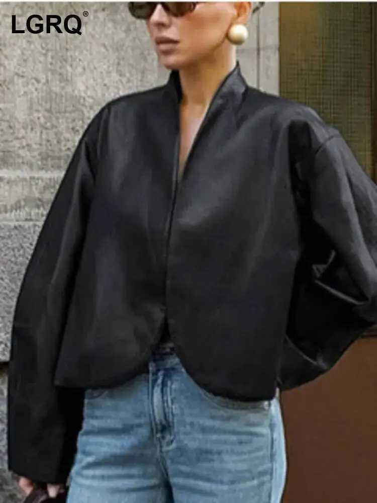 Fashion High LGRQ Street Trend Leather Jacket For Women Autumn New Stand Collar Long Sleeve Loose High-end Feel Jacket C260921