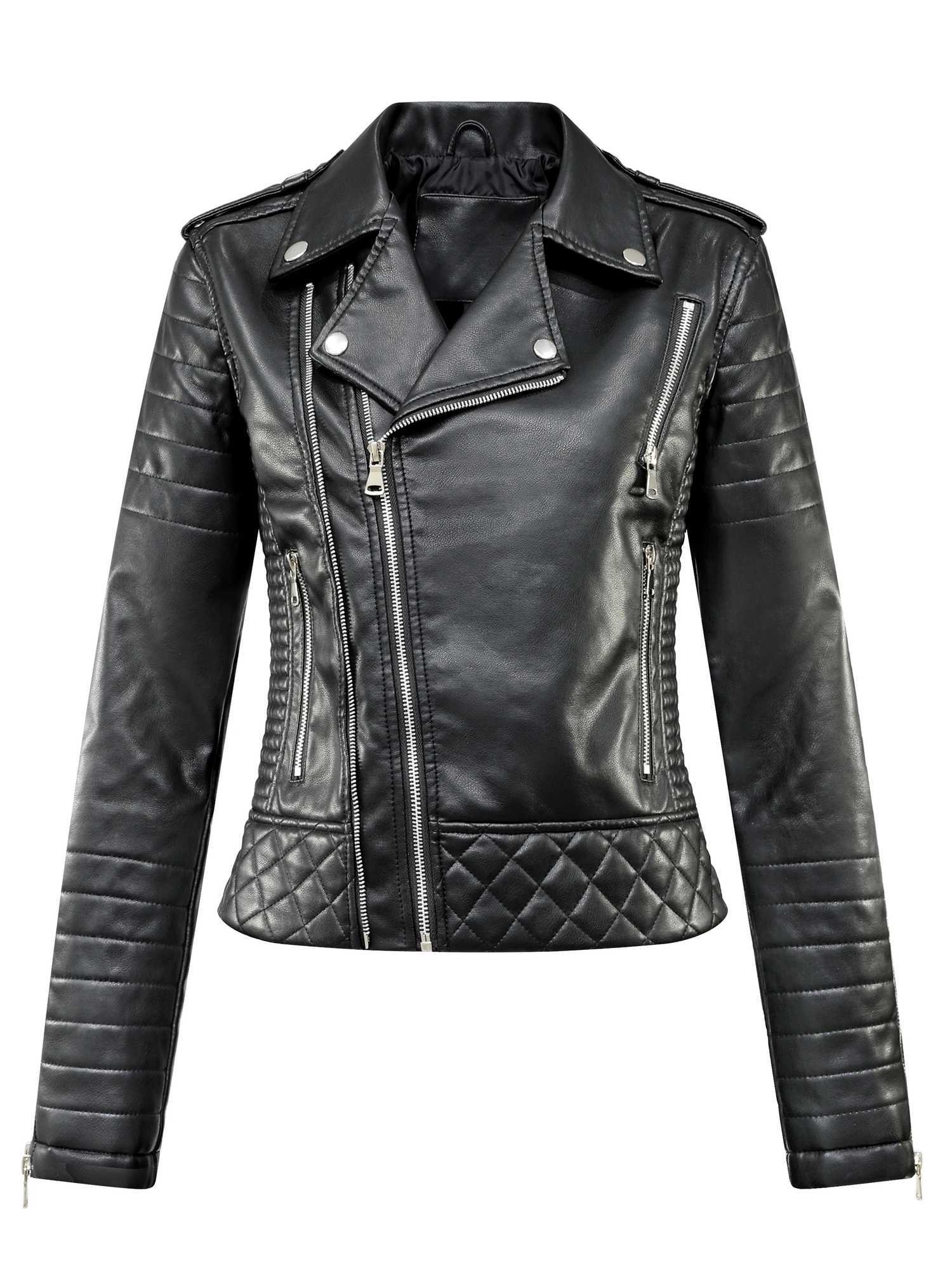 New Spring 2025 Autumn Women Faux Pu Leather Short Jacket Embossed Motorcycle Biker Female Zipper Lapel Loose Coat Outwear C260921