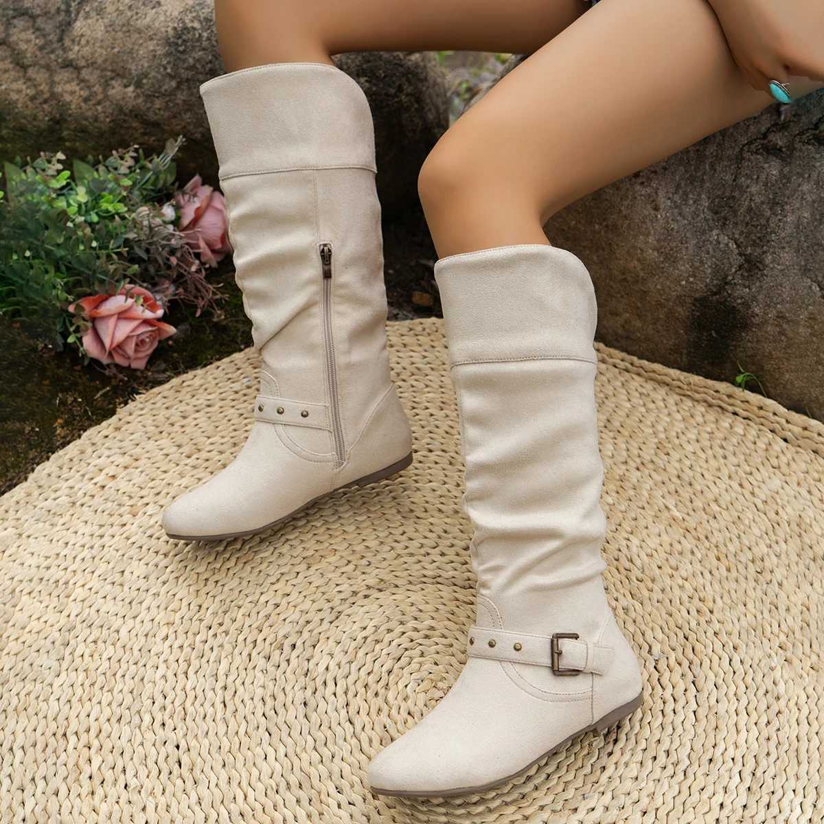 Designer Vintage High-Top Women's Boots Autumn Winter Over-The-Top Boots Flat Heeled Belt Buckle Fashionable Ladies Ankle Boots J260922
