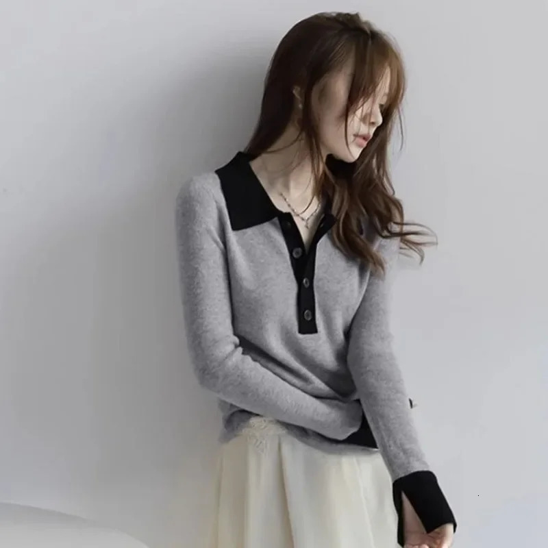Slim Woman Tshirt Knitted High Quality Polo Neck T Shirt for Women Korean Clothes Y2k Fashion Clothing In Trend 2025 260922