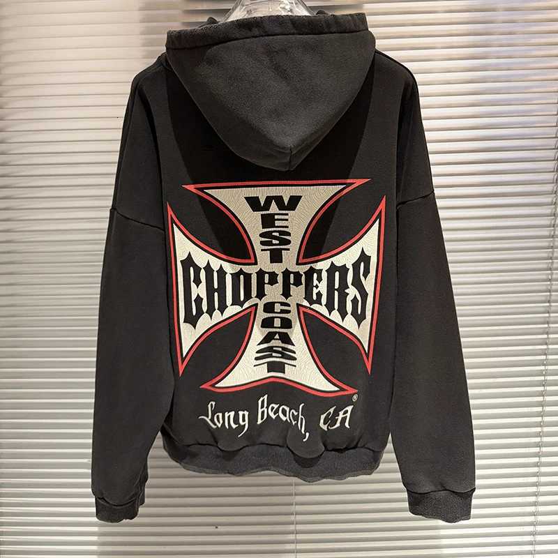 Men's Hoodies Sweatshirts 26FW Men Women Patterned Print West Hooded Zip Up Jacket Vintage Washed Black Oversized Highest Quality Cotton Hoodie