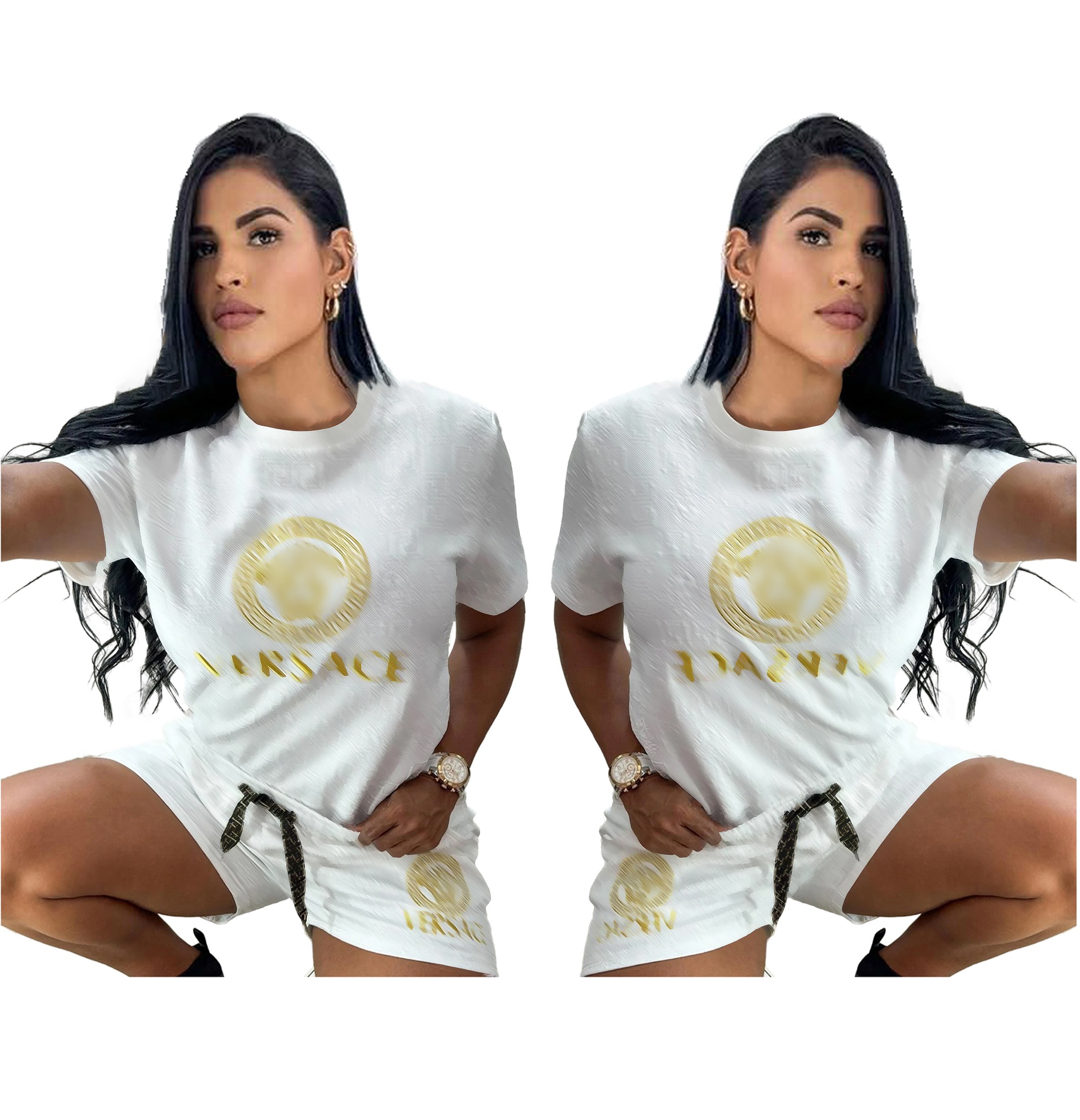 Women 2 Piece Summer Short Set Short Sleeve Crew Neck Letter Print T-shirt Drawstring Waist Shorts Casual Tracksuit Outfit