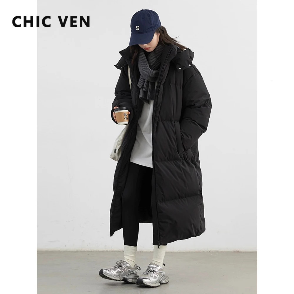 CHIC VEN Fashion Women Down Coats Hooded Thick Loose Solid Female 90 White Duck Down Jacket Ladies Topcoat Autumn Winter 260920