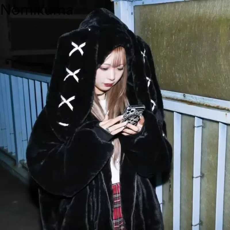 Women's Jackets 2025 Winter Clothing Women's Jackets Harajuku Rabbit Ears Punk Black Coats Thicked Furry Zipper Oversized Y2k Tops Ropa Mu