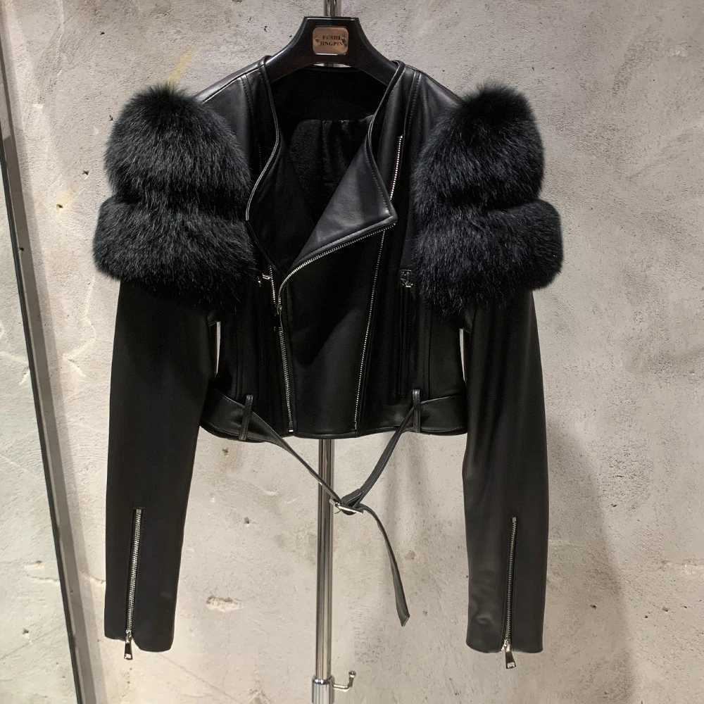 Jacket Factory Leather Ladies Short Leather Jacket Real Fox Fur Sleeve Coat Women Autumn 21001 C260921