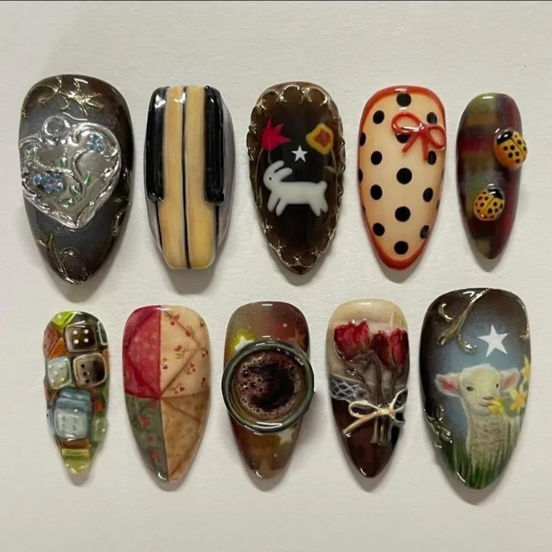 24pcs Vintage Country Style False Nails Cute Cartoon Little Lamb Rabbit Star Moon Swan Starfish Printed Press On Nails Fake Nail 260922