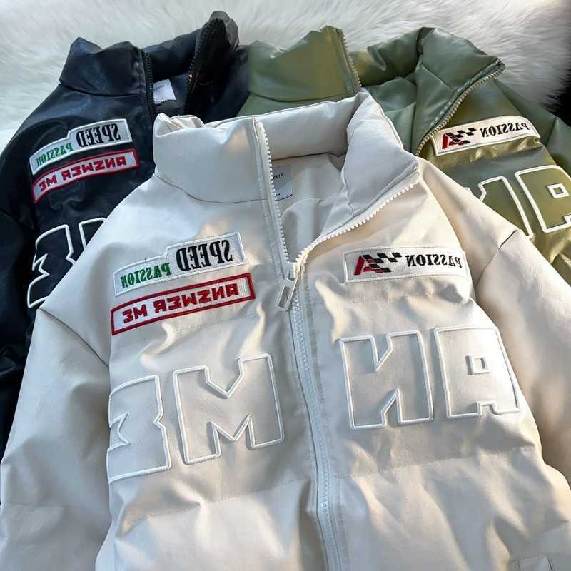 American Parkas 2023 Men's Down Embroidered PU Leather Bread Clothes Y2K Street Fashion Casual Couple Cotton Coat Warm Coat For Men And Women T