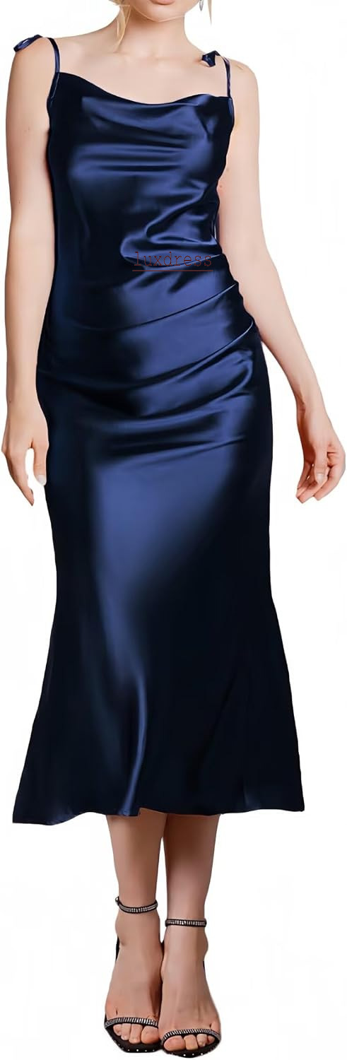 Summer Satin Midi for Women Spaghetti Straps Cowl Neck Elegant Pleated Cocktail Formal Party Dresses