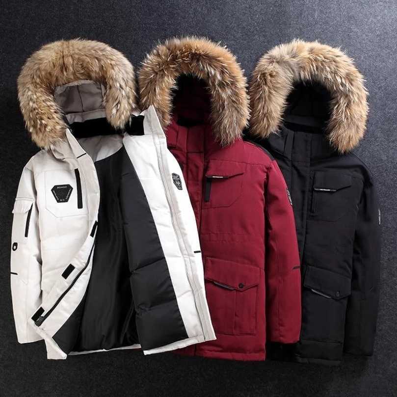 Degree Parkas -30 Men's Down Winter Warm Down Jacket Men Casual Thicken White Duck Down Parkas Coat Mid-length Large Fur Collar Coat Snow Overc