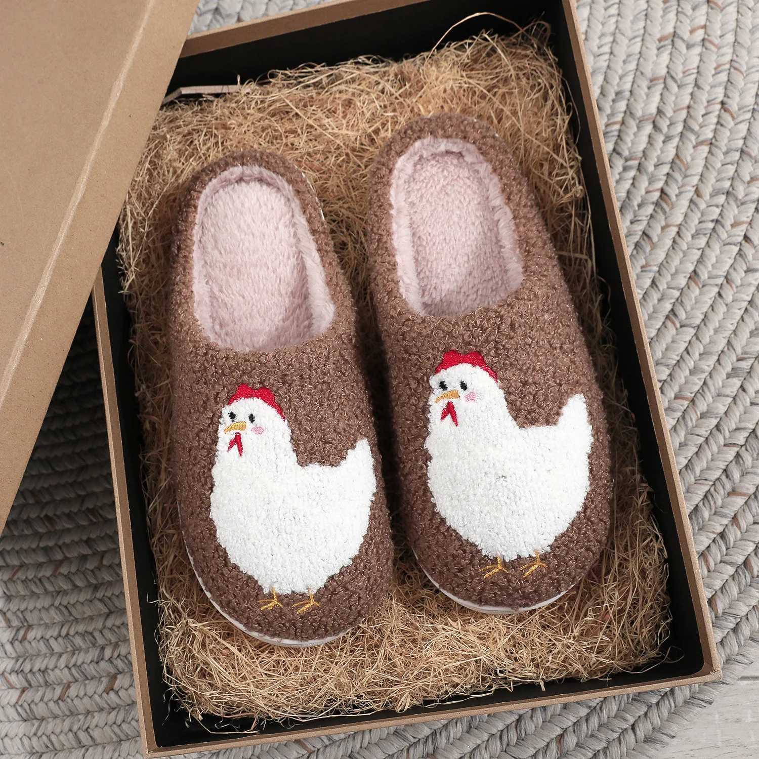 2026 Women Men Cartoon Cute Chick Print Cotton Slippers Fleece Surface Home Indoor Autumn Winter Lightweight Soft Floor Shoes T260922
