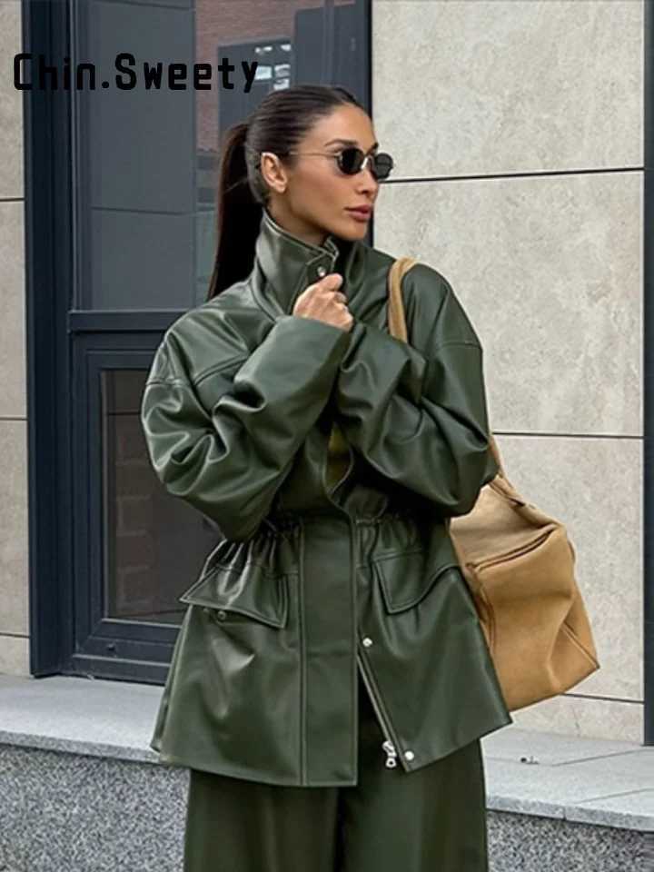 Faux Women's Leather Leather Vintage Women's Solid Waist Cinching Faux Leather Jacket Loose Stand Collar Zipper Pocket Jackets 2026 Autumn
