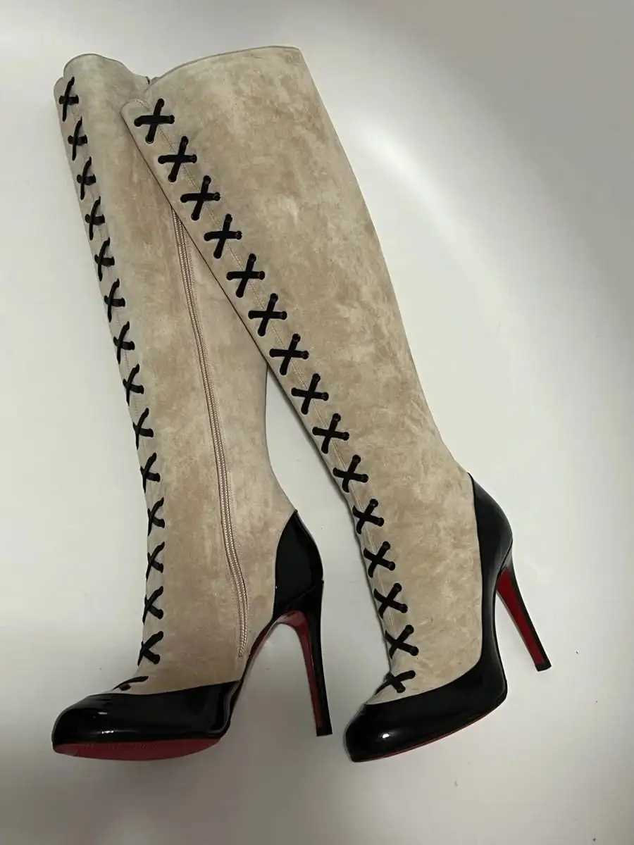 Vintage suede leather mixed colors knee high boots 2026 New in women's sexy zipper luxury designer party high heels shoes Q260922