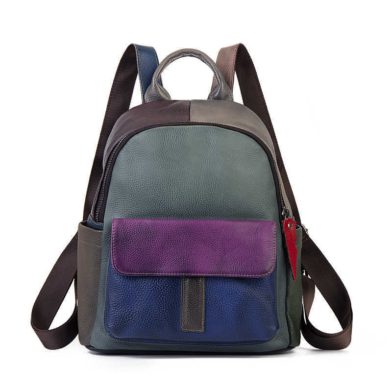 Style Soft Daily Genuine Backpack Leater Backpack Women Spacious Multi Pockets Fashion Patchwork Cow Leather Knapsack For Travel College H260922