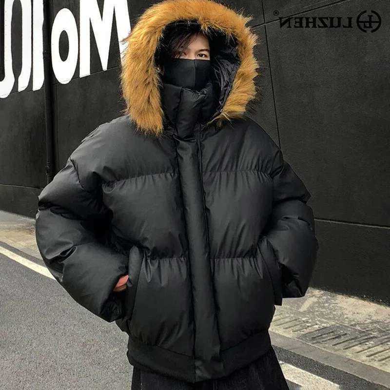 Down Parkas LUZHEN Winter Men's 2024 New Parkas Detachable Fur Collar Design American Short Unisex Thick Warm Padded Jackets Winter Male LZ8194