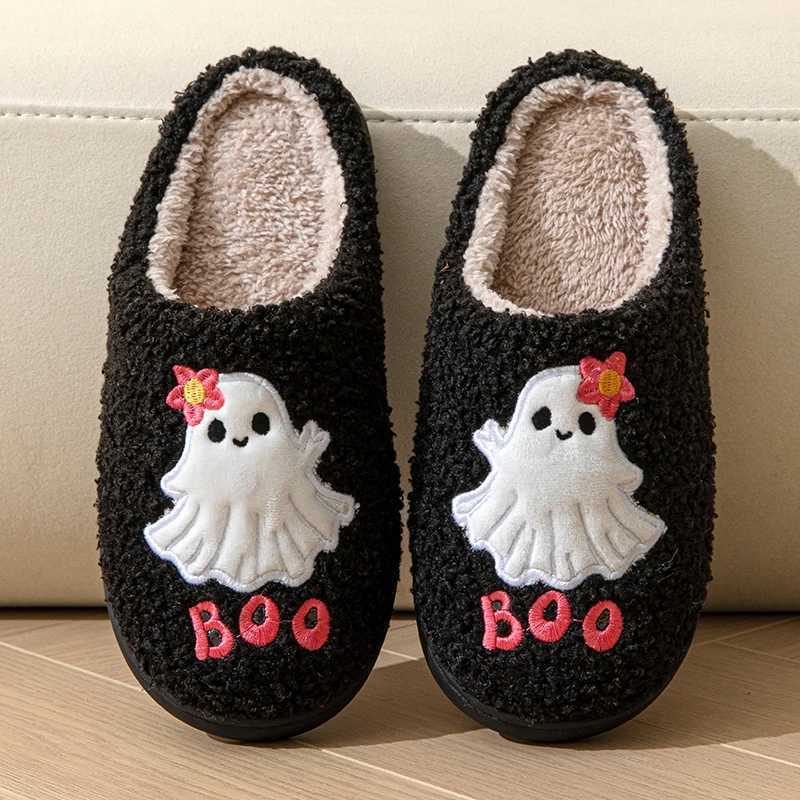 Halloween Cartoon Cotton Slippers Women 2026 Winter Warm Fluffy Fur Home Shoes Woman Flat Heels Indoor Bedroom Plus T260922