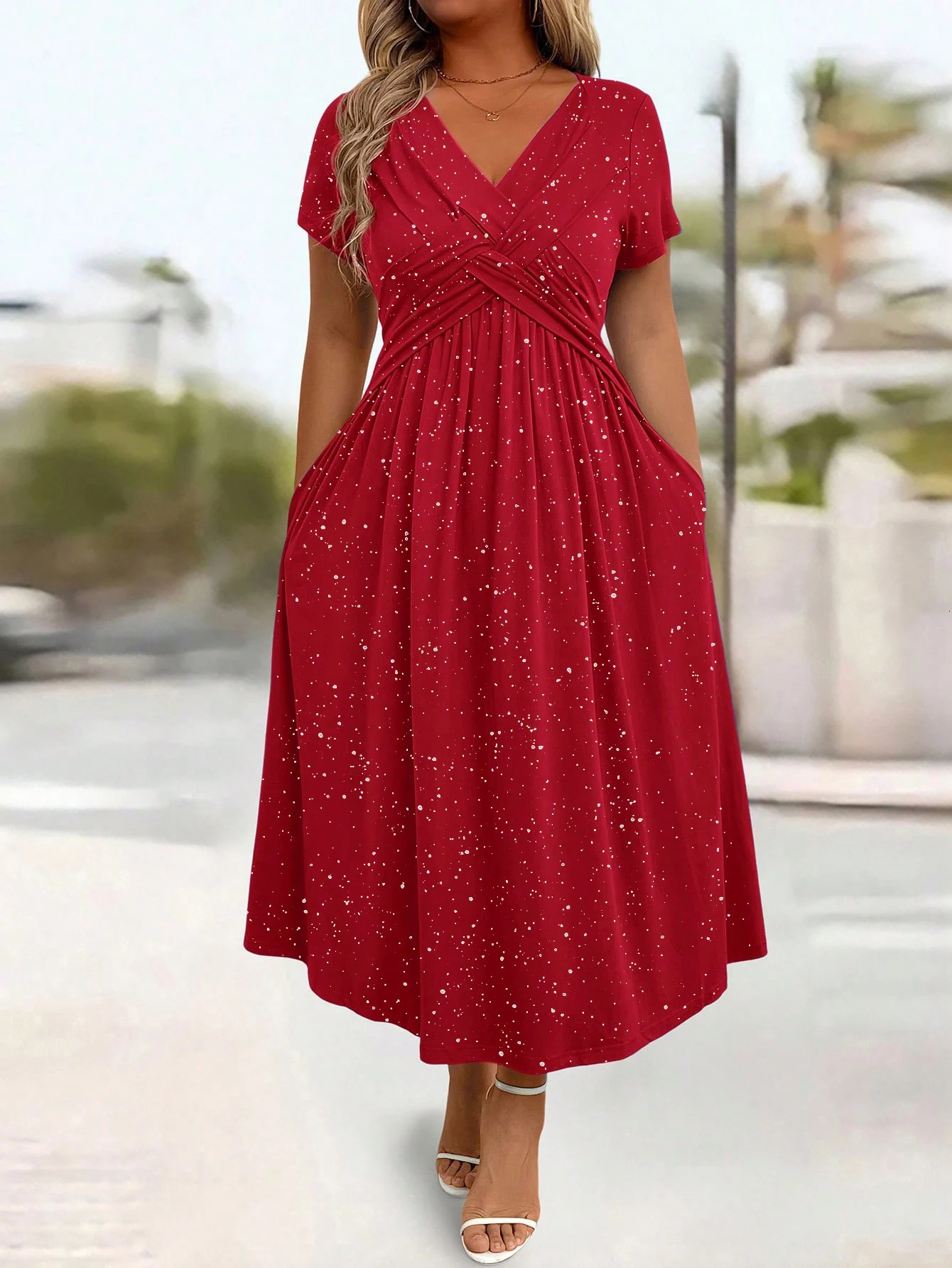 Ladies' elegant plus size powder sprinkled shiny twisted knot with pockets V-neck dress 260922