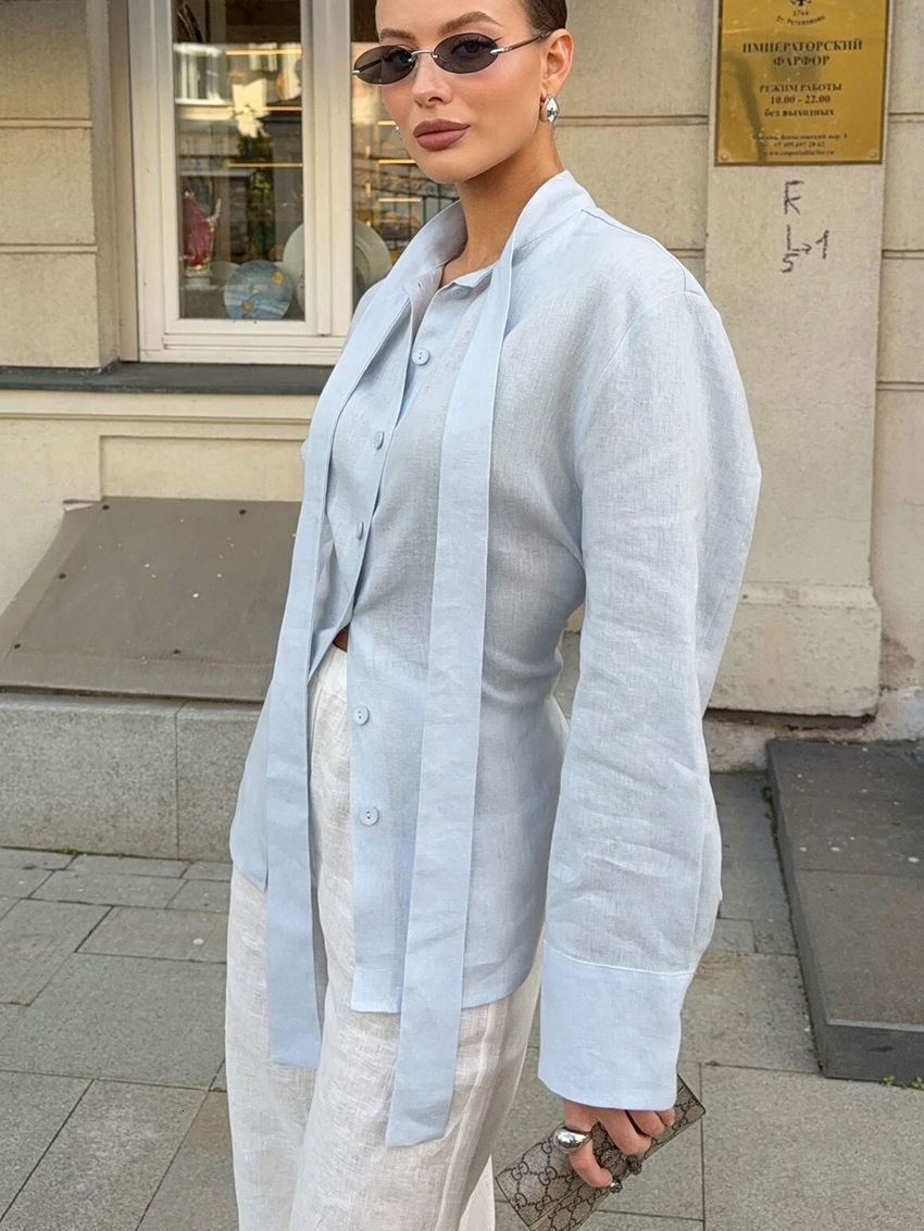 New Spring & Summer Collection: Women's Cotton-Linen Shirt with Tie-Waist Flowy Design, stylish and elegant, suitable for both casual and profe