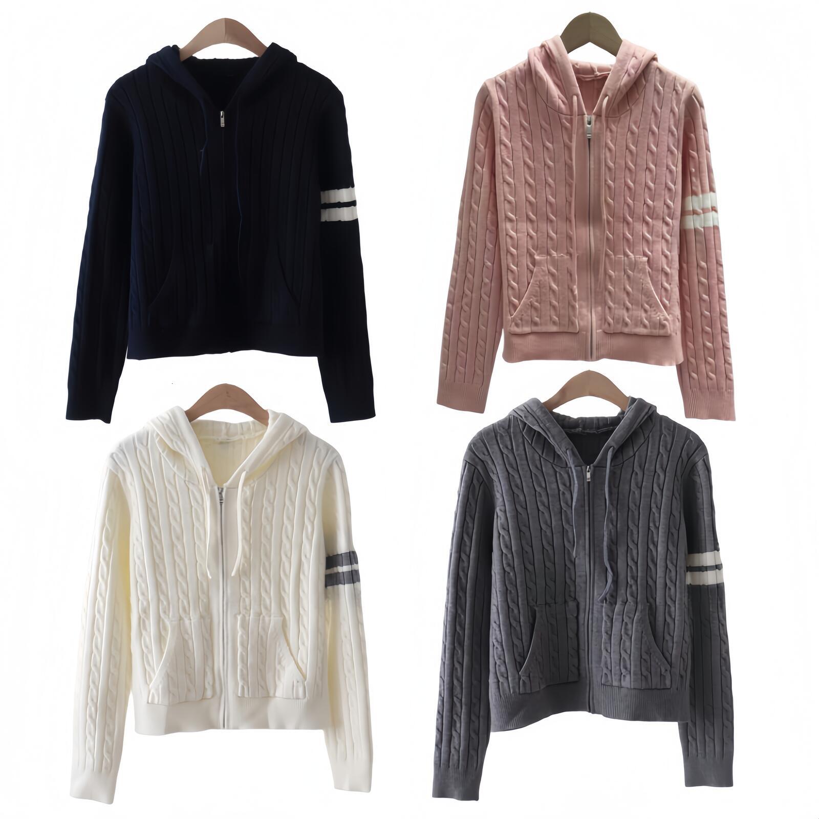 Designer Clothes Women Sweater Women Autumn Striped Print Pattern College Style Braided Hooded Zipper Long Sleeve Knitted Cardigan Sweater Coat