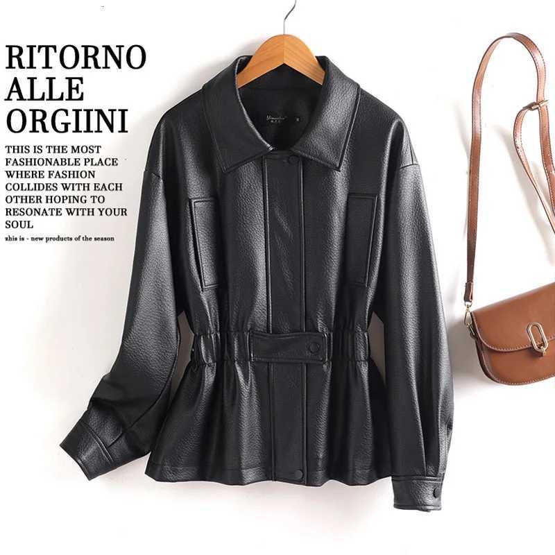 Split New Women Leather Jacket Spring Autumn Fashion Turn-down Collar Stretch Adjustable Waist Short Coat Casual Leather Jacket C260921