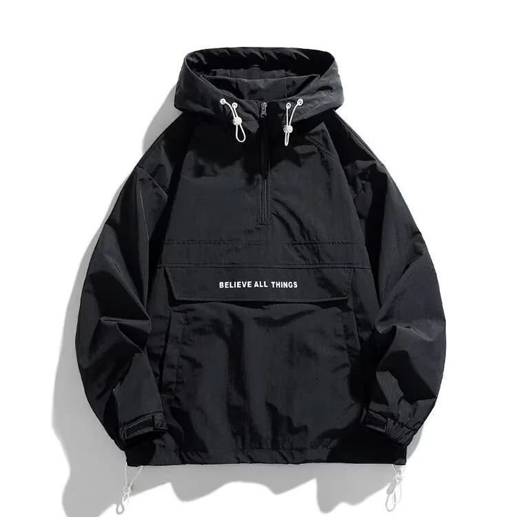 Hooded Pullover Jacket Mens Casual Windbreaker Jacket with Multiple Pockets Outdoor Sports Jacket Half Zip Hooded Hard Shell 260922