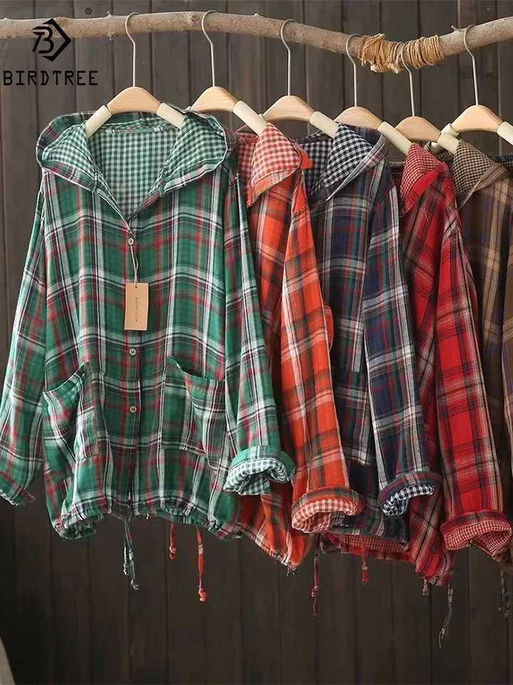 Women's Jackets New Summer Long Sleeve Anti-sunburn Coat Hooded Vintage Plaid Shirt Coat for Women Elegant Fashion 2024 Autumn Top C47671QM C26