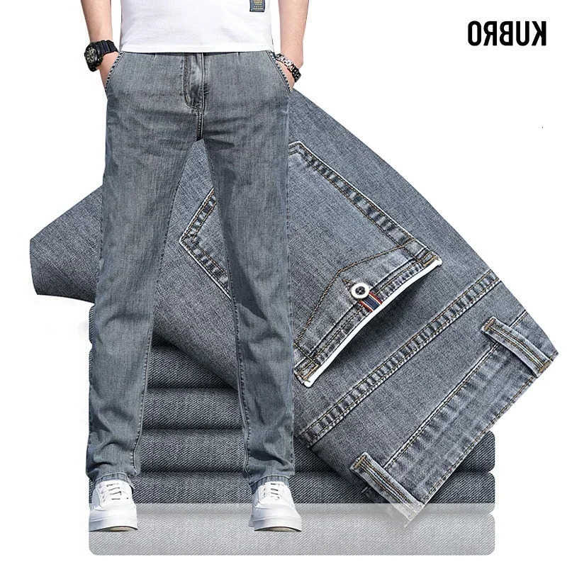 Jeans KUBRO Men's 2024 Summer New Men's Loose Stretch Gray Jeans Fashion Casual Stretch Straight-leg Denim Pants Male Light Blue Brand T26