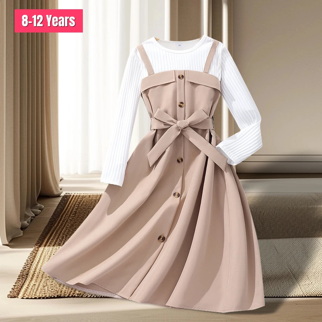 Dress for Teens Girls 812Yrs Autumn Winter Belt Button Khaki Children Soft Sweet Warm Vintage Clothing 260901