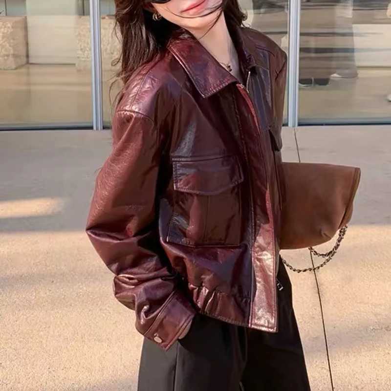 Goatskin European Imported Leather Short-Waisted Wide-Shoulder Stylish Jacket for Women Retro Modern Genuine Leather Coat Female C260921