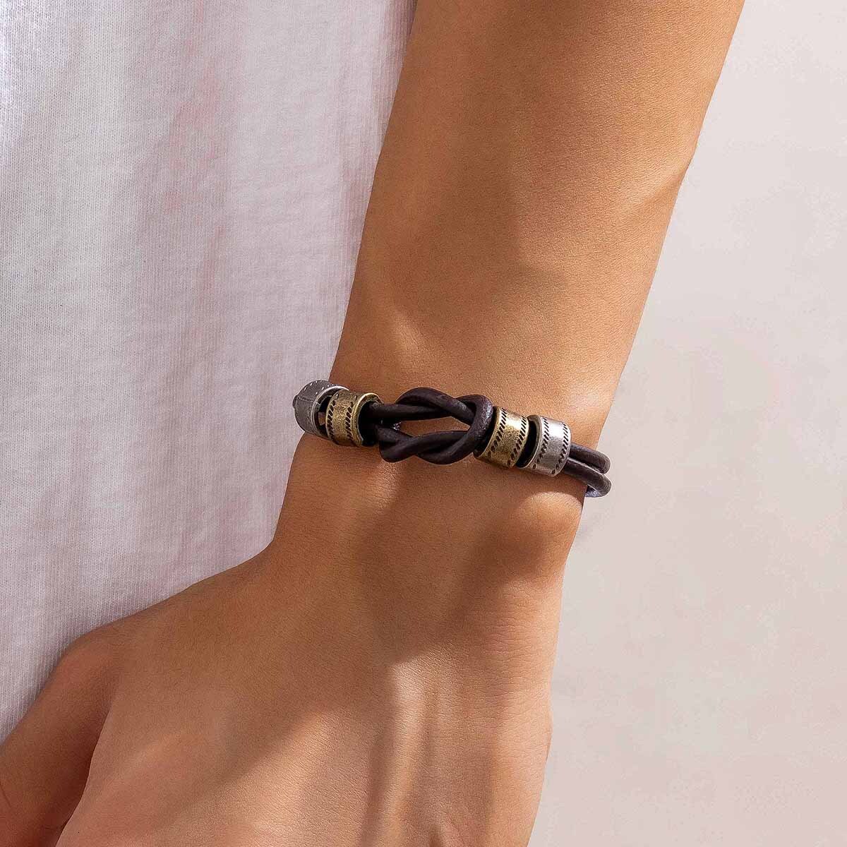 European and American Hip-Hop Personality Leather Round Bracelet for Men Simple Fashion High-End Retro Knotted Wristband Men's Accessories
