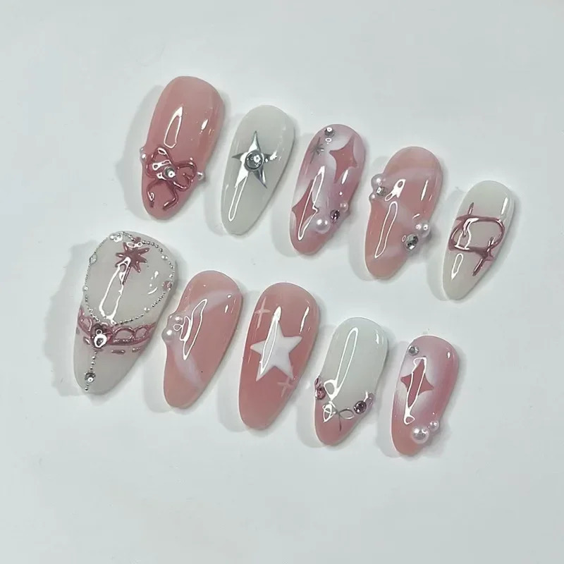 24Pcs Y2K Almond Star Bow Pink White Gradient Press On Nails Sweet Cool Style DIY Manicure 260922