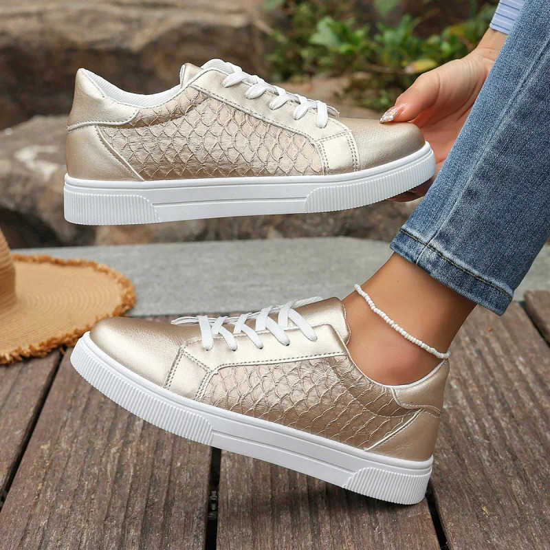 Size Casual Shoes 42 Plus Women Gold Sneakers Spring Autumn New Women fashion Lace-up Soft PU Leather Board Shoes Ladies Casual Shoes D260922